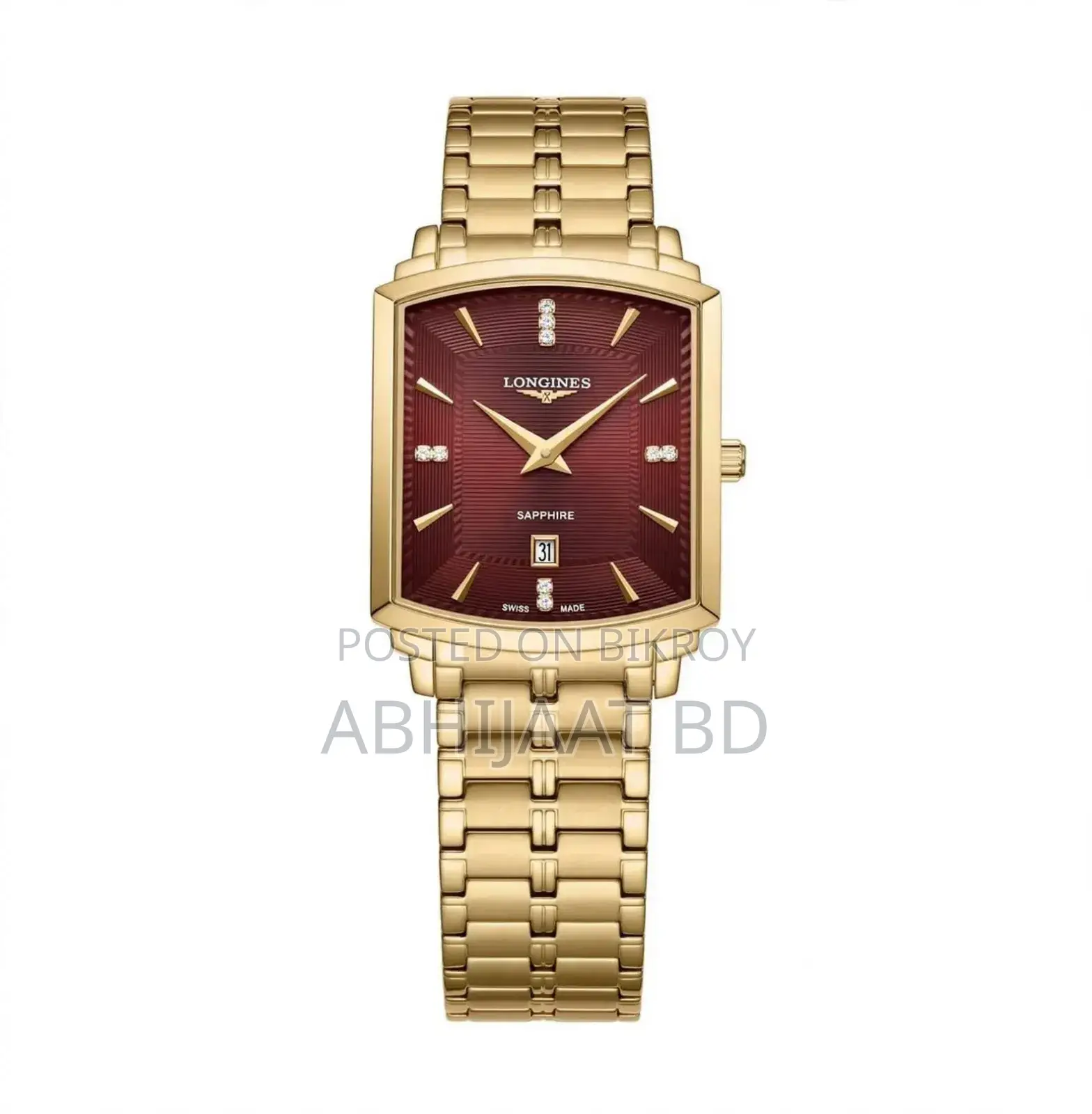 Longines Luxury Golden Square Watch With Red Wine Dial