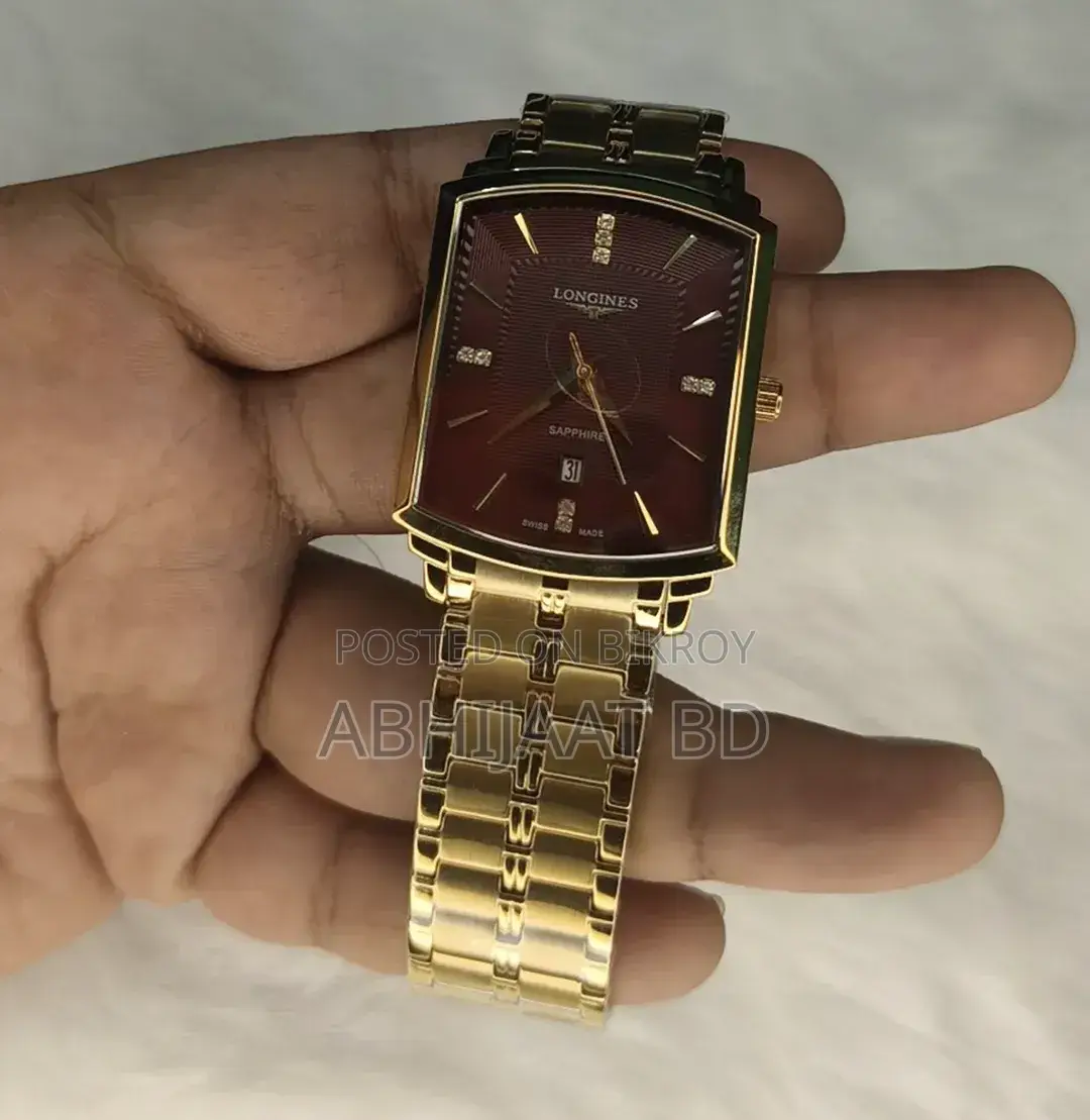 Longines Luxury Golden Square Watch With Red Wine Dial