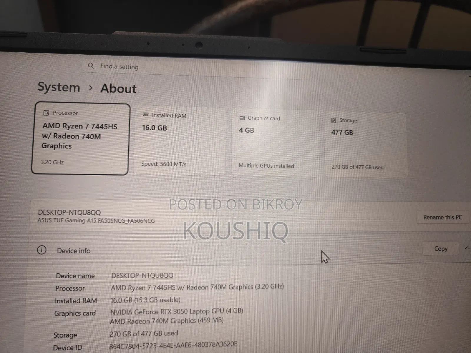 Laptop Asus TUF Gaming A15 16GB AMD Ryzen 7 SSD 512GB