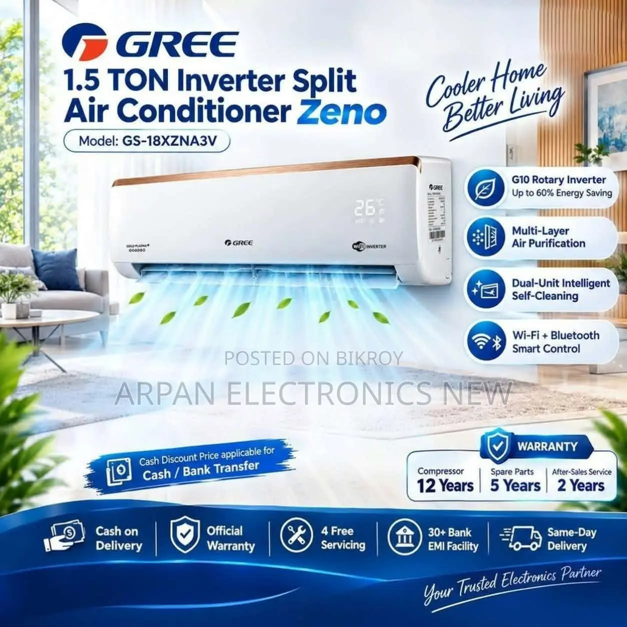 Gree 1.5 TON Inverter AC 18000 BTU Cooling Capacity.