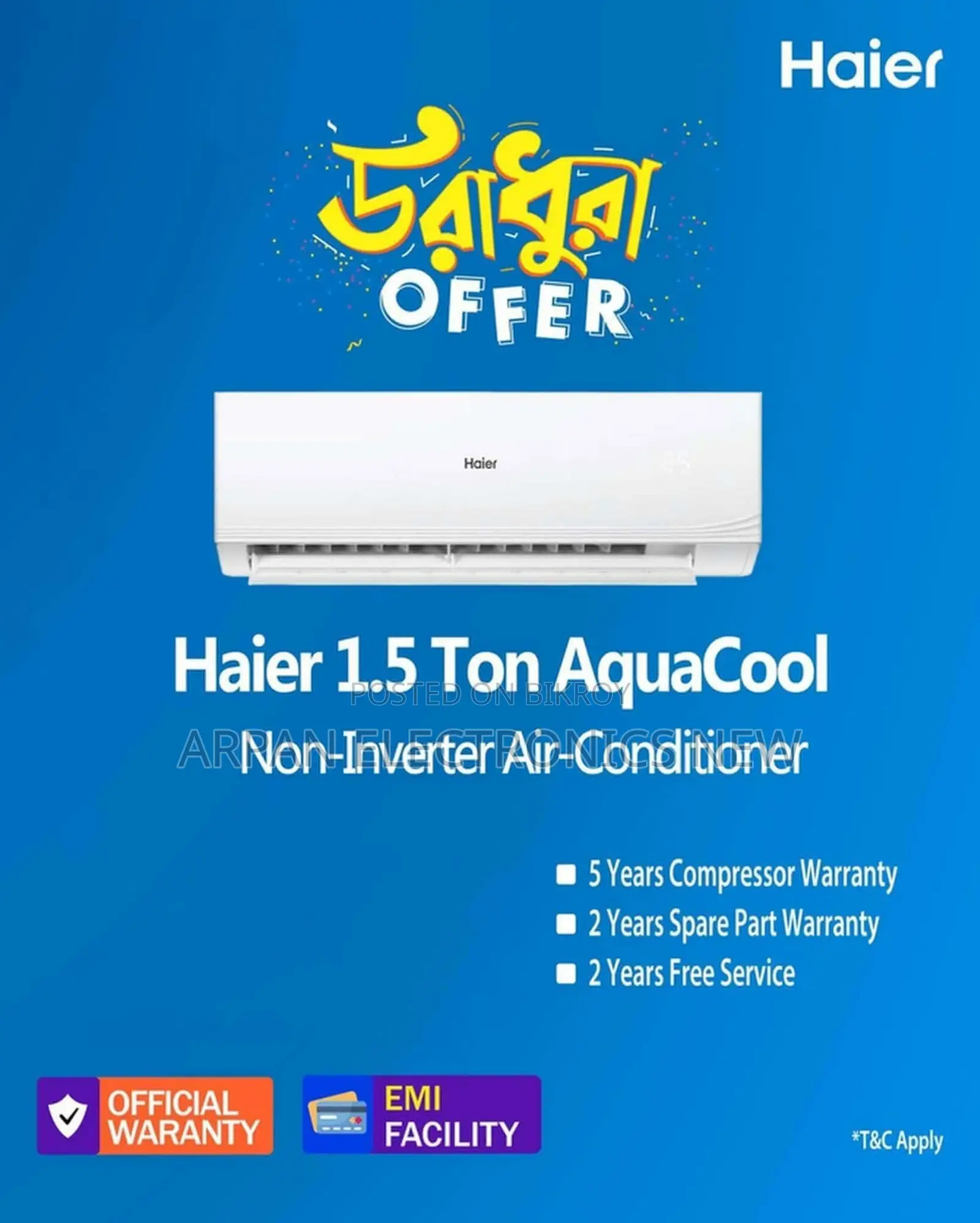 Haier Non Inverter 1.5 Ton 100% Full 18000 BTU Capacity