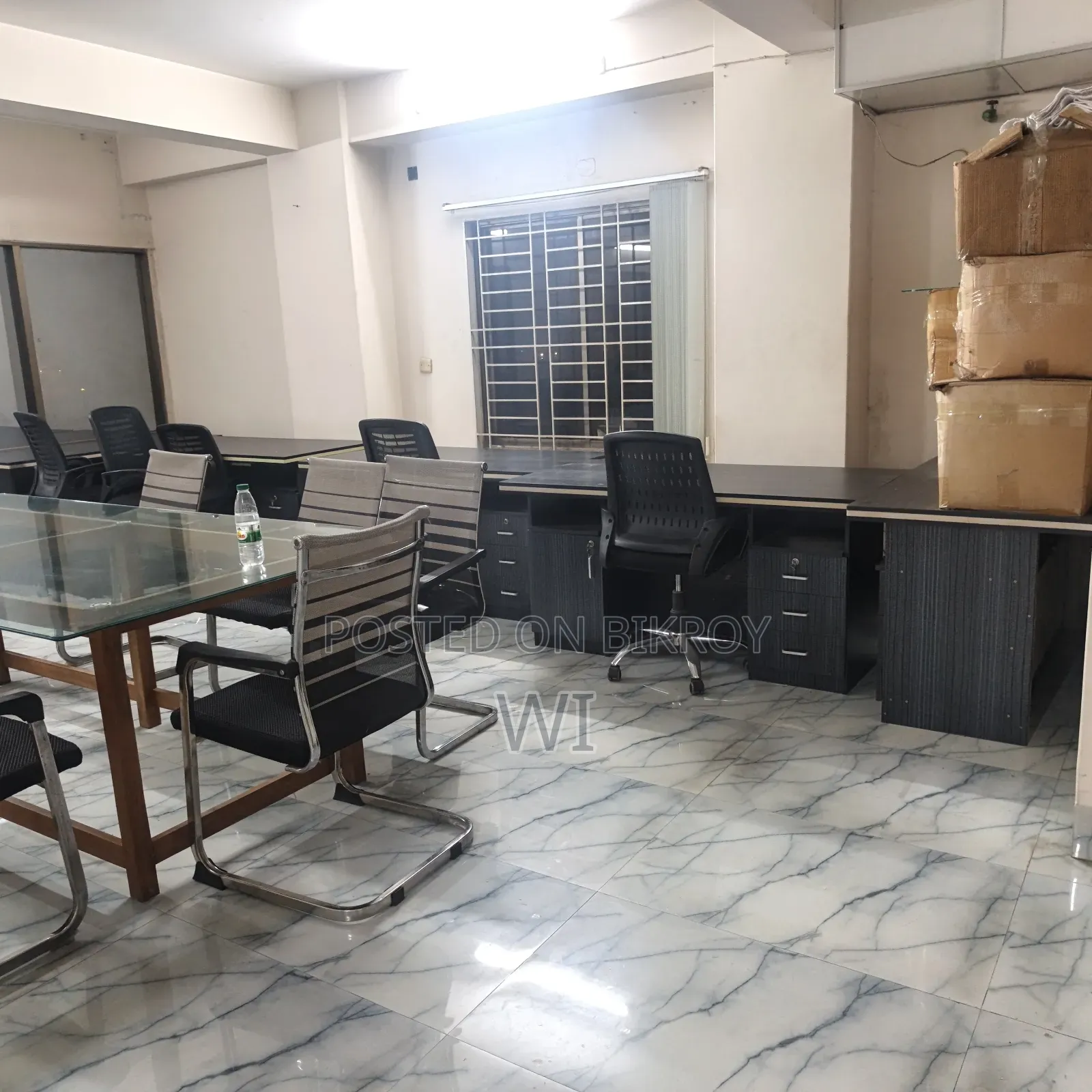 Five tables. One conference table. Twenty chairs of two types. One small super table