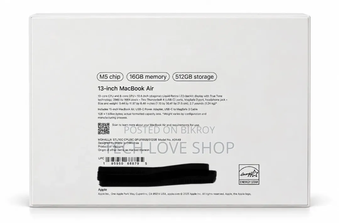 New Laptop Apple MacBook Air 2026 M5 16GB Apple M5 SSD 512GB