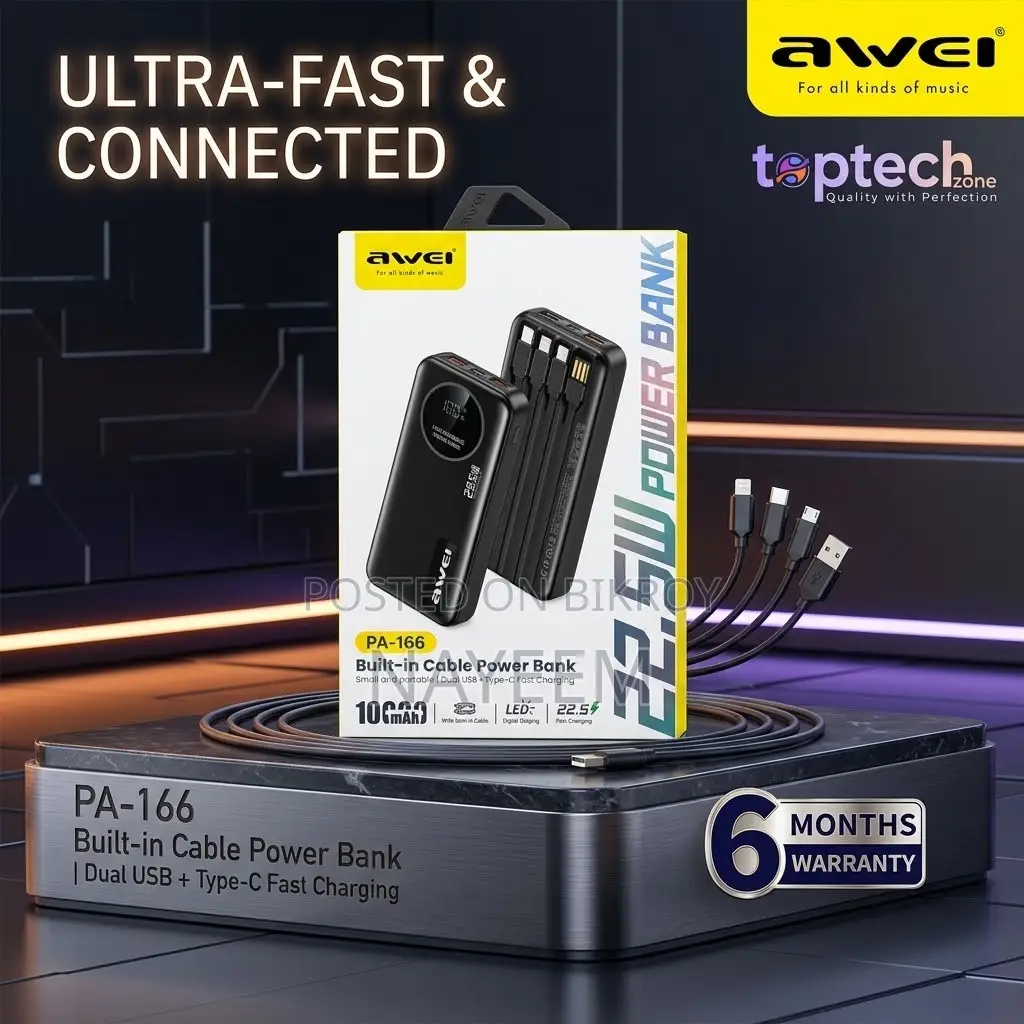 Awei PA-166 10000mAh Built-in Cable 22.5W Power Bank
