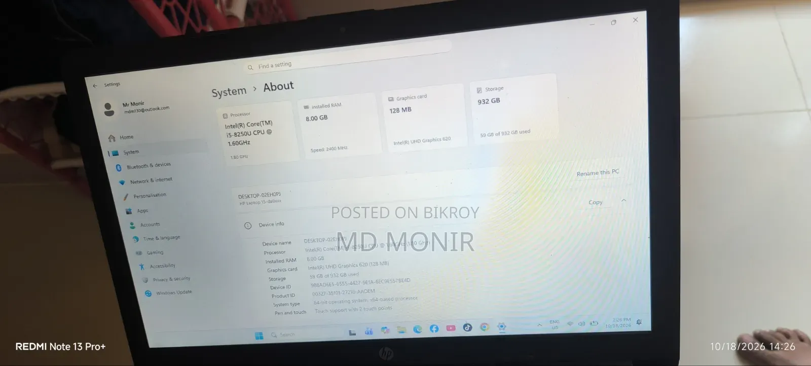 Laptop HP 15-da2933nia 8GB Intel Core i5 HDD 1TB