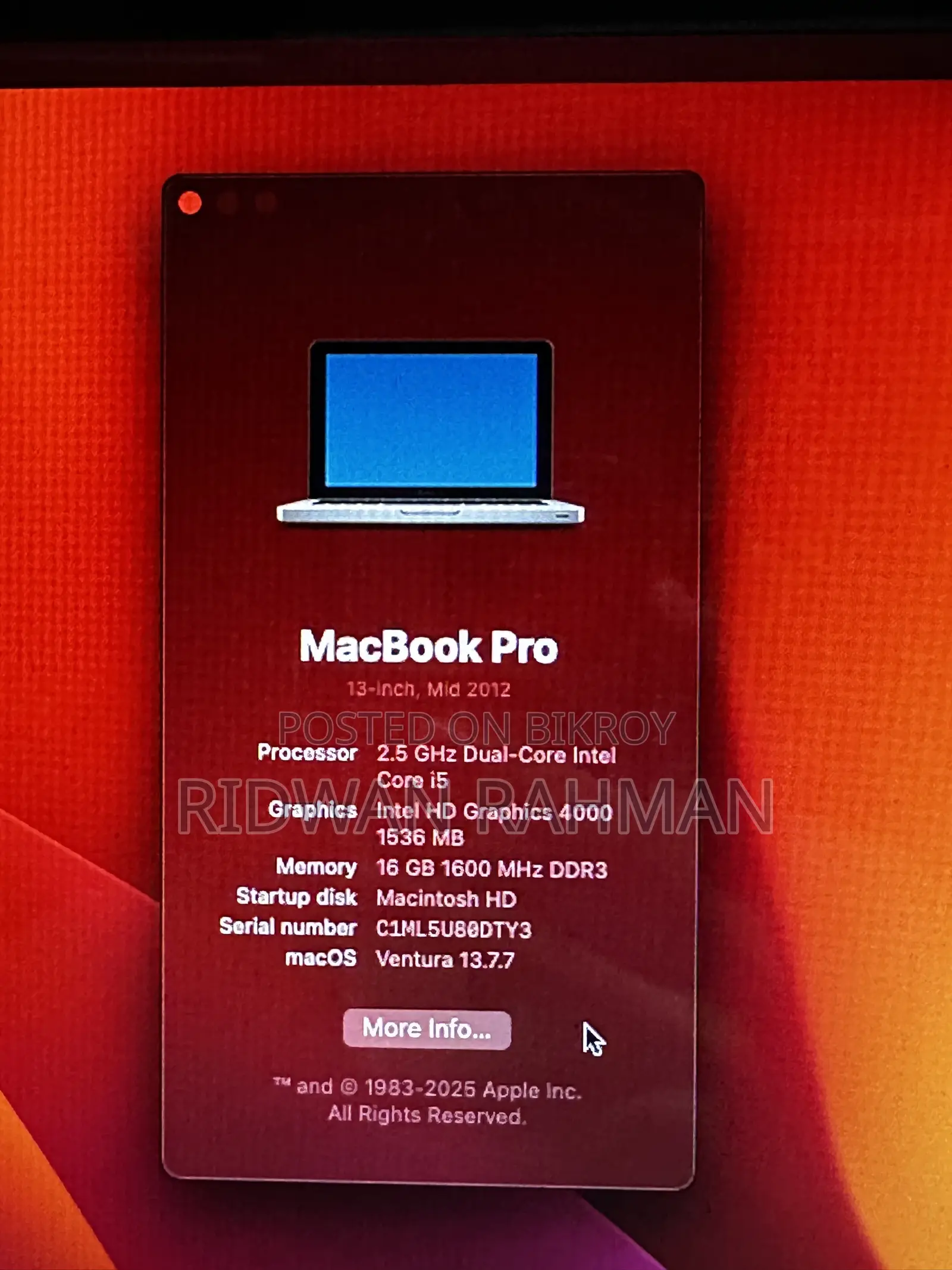 Laptop Apple MacBook 2012 16GB Intel Core i5 SSD 256GB