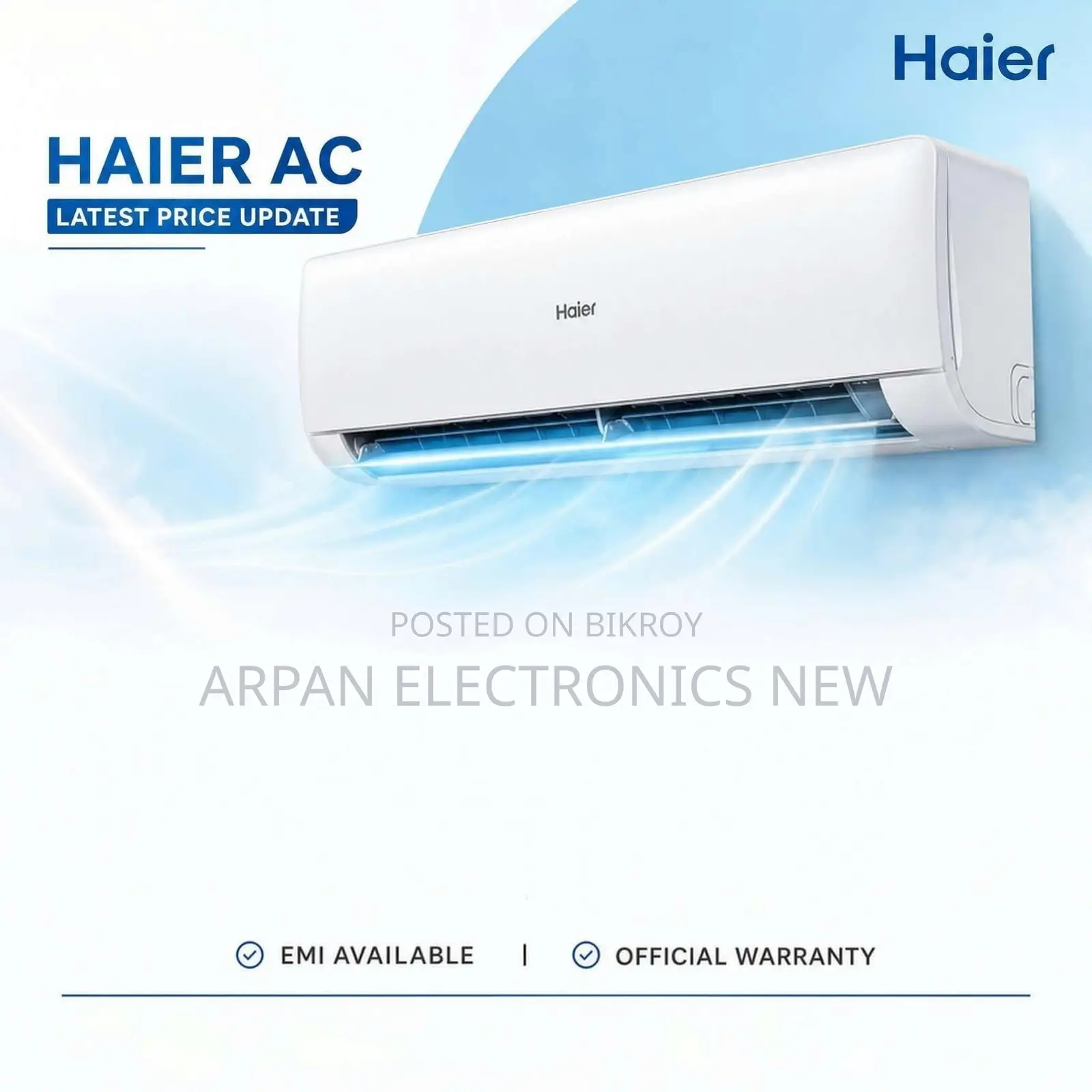 Haier 1.5 TON AC Price in BD 120-180 Squire Feet Coverage Area.
