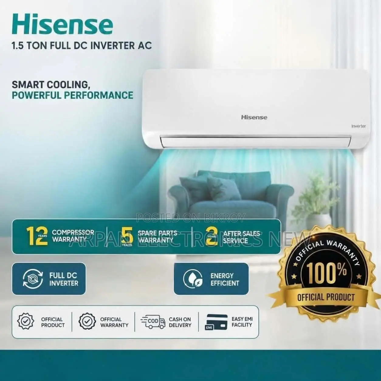 Hisense 1.5 TON Inverter AC 120-180 Square Feet Coverage Area.