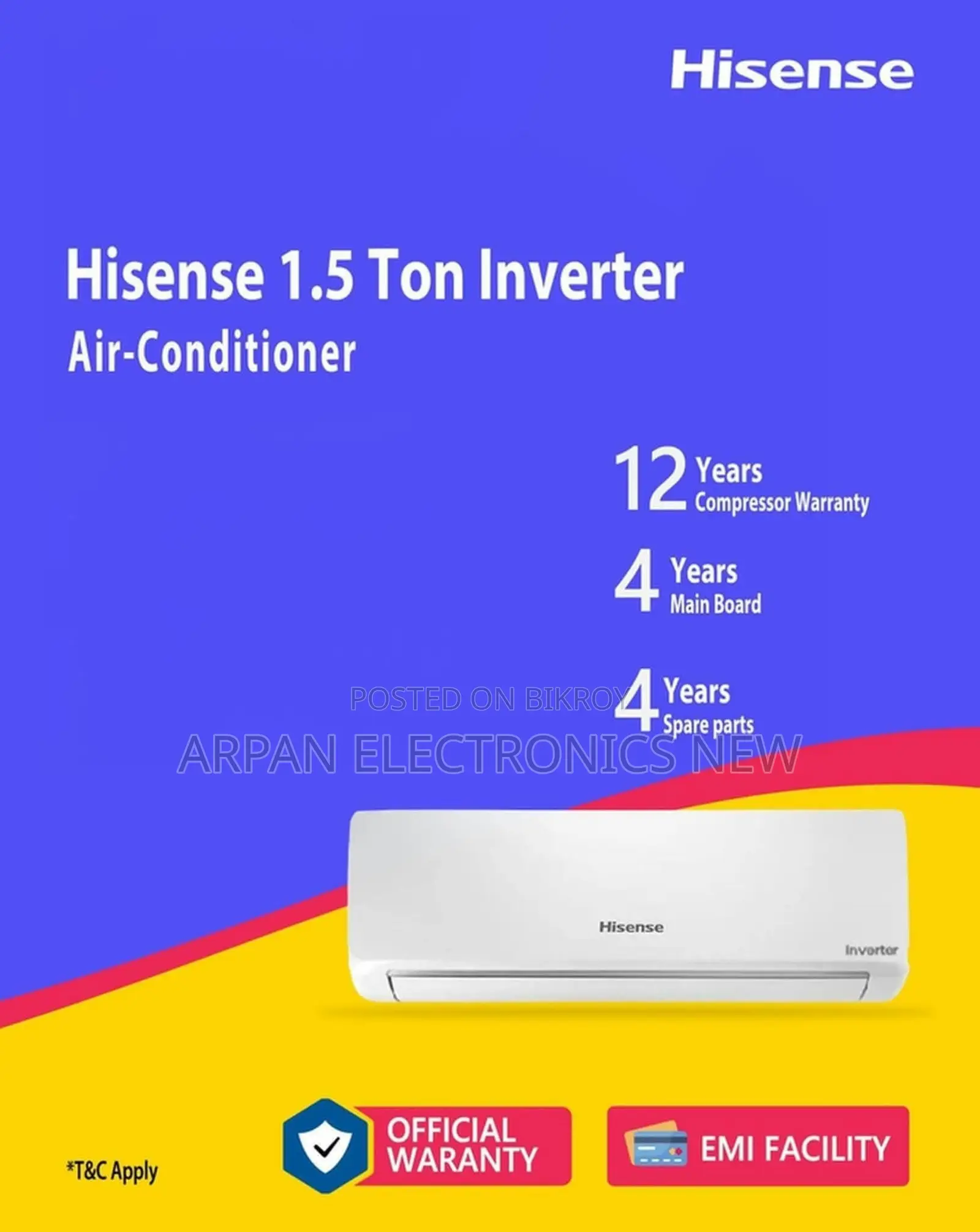 Hisense 1.5 TON Inverter AC 120-180 Square Feet Coverage Area.