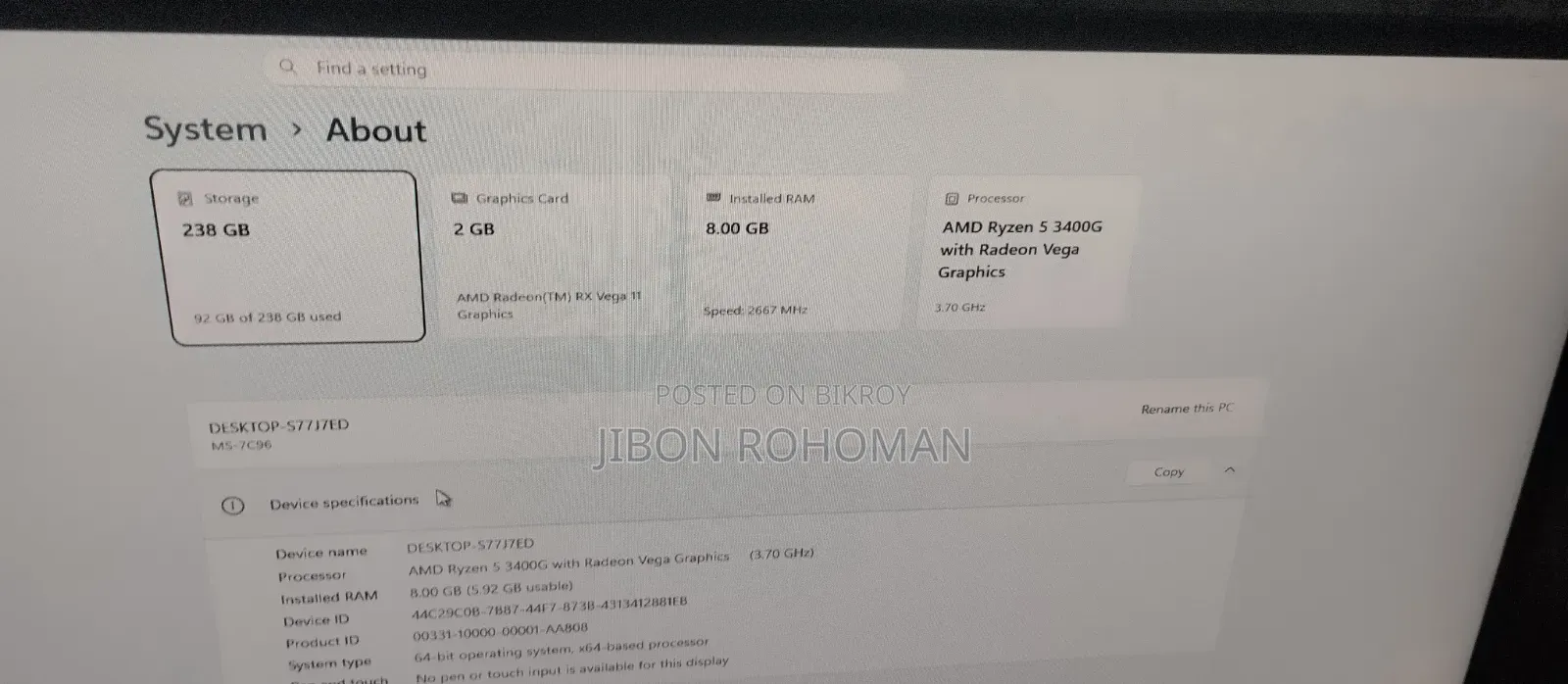 Desktop Computer 8GB AMD Ryzen 5 SSD 256GB