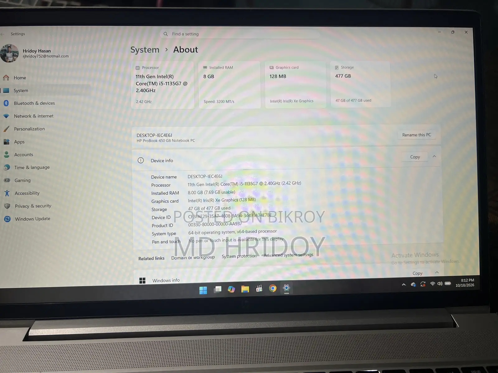 Laptop HP ProBook 450 G8 8GB Intel Core i5 SSD 512GB
