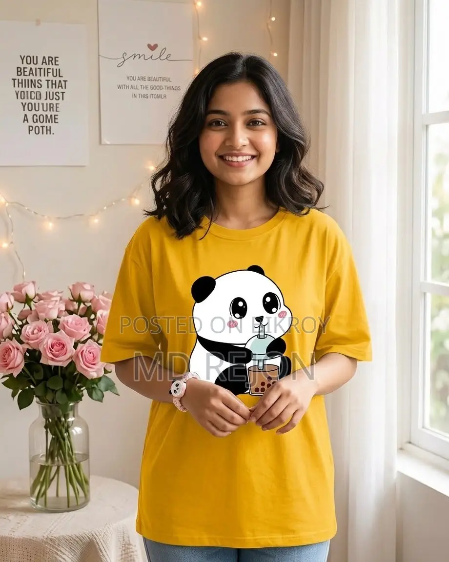 লেডিস প্রিমিয়াম পান্ডা ড্রিংকিং ববা টি প্রিন্টেড টি-শার্ট