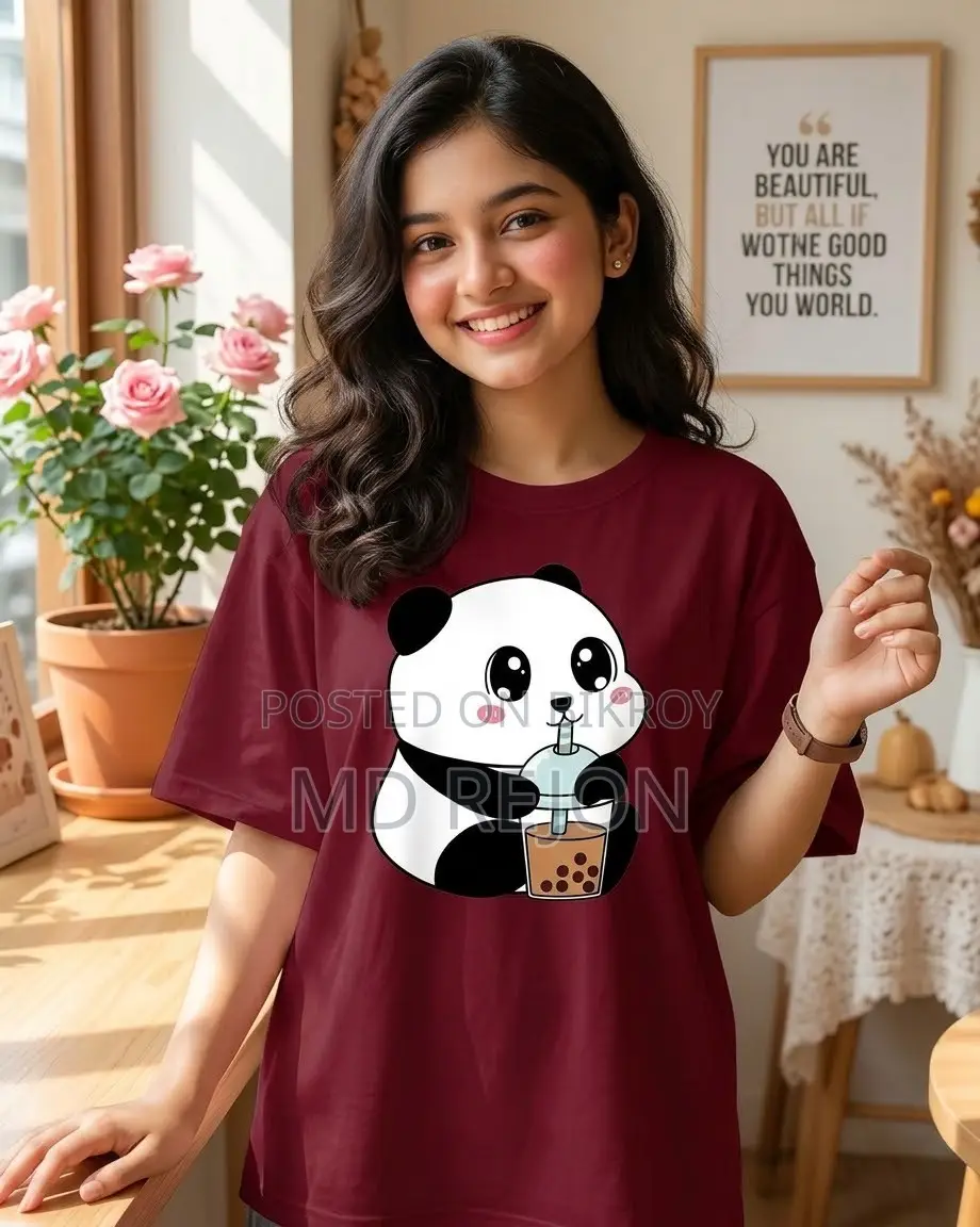 লেডিস প্রিমিয়াম পান্ডা ড্রিংকিং ববা টি প্রিন্টেড টি-শার্ট