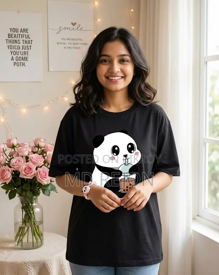 লেডিস প্রিমিয়াম পান্ডা ড্রিংকিং ববা টি প্রিন্টেড টি-শার্ট