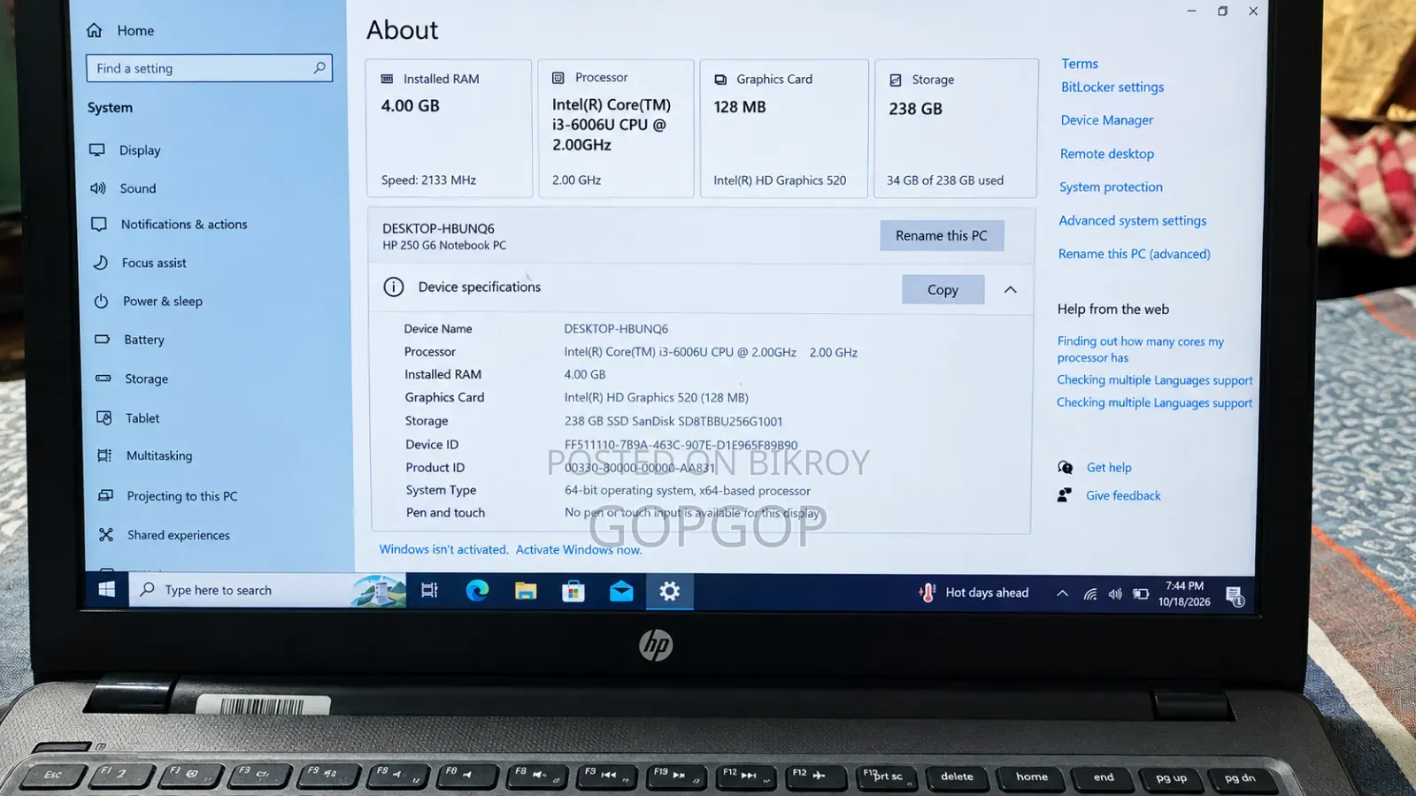 Laptop HP 250 G6 4GB SSD 256GB