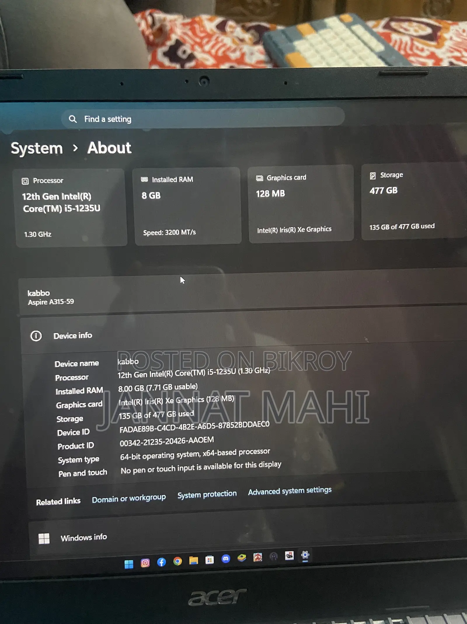 Laptop Acer Aspire 3 8GB Intel Core i5 SSD 500GB