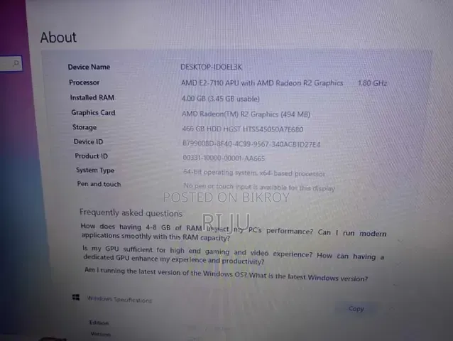 HP 15 Laptop 4GB RAM 500GB SSD