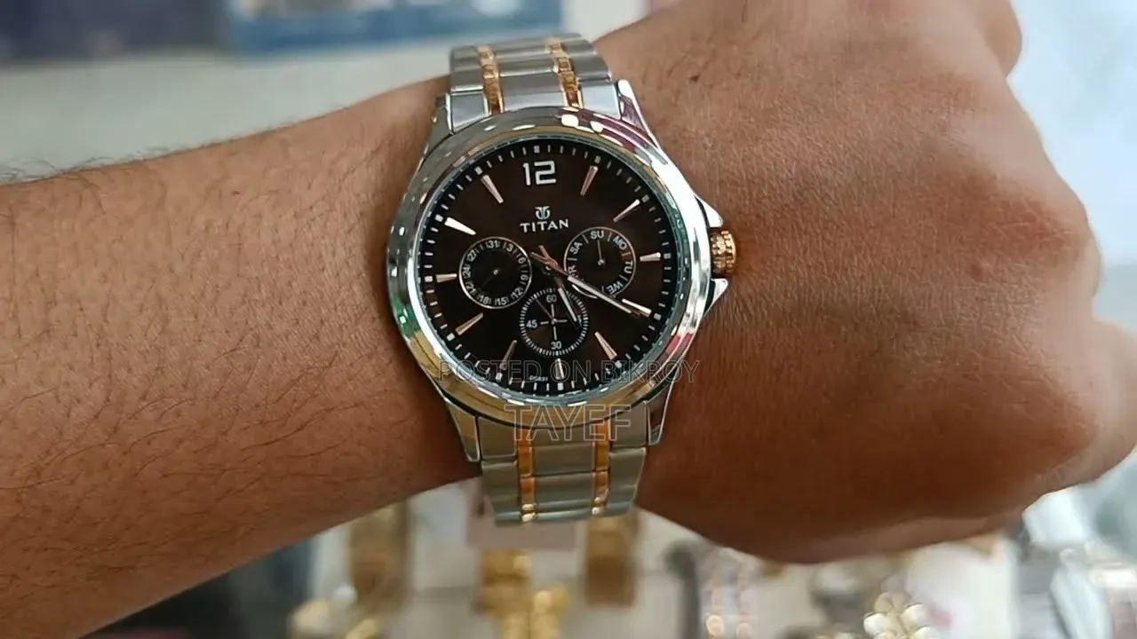 Titan Men's Wrist Watch – Brown Dial, Silver & Rose Gold Strap