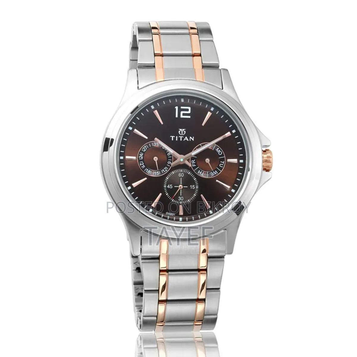 Titan Men's Wrist Watch – Brown Dial, Silver & Rose Gold Strap