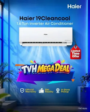 Haier 1.6 TON CLEANCOOL Inverter AC Self Clean Rate 99.9%.