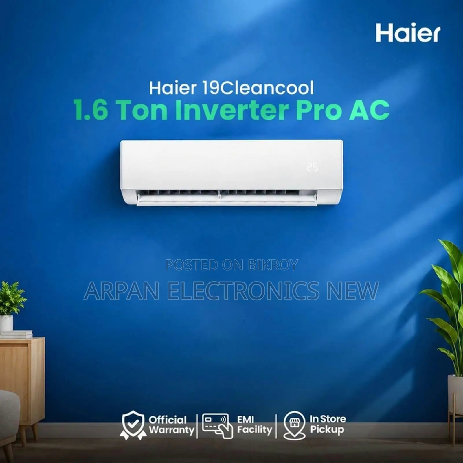 Haier 1.6 TON CLEANCOOL Inverter AC Self Clean Rate 99.9%.