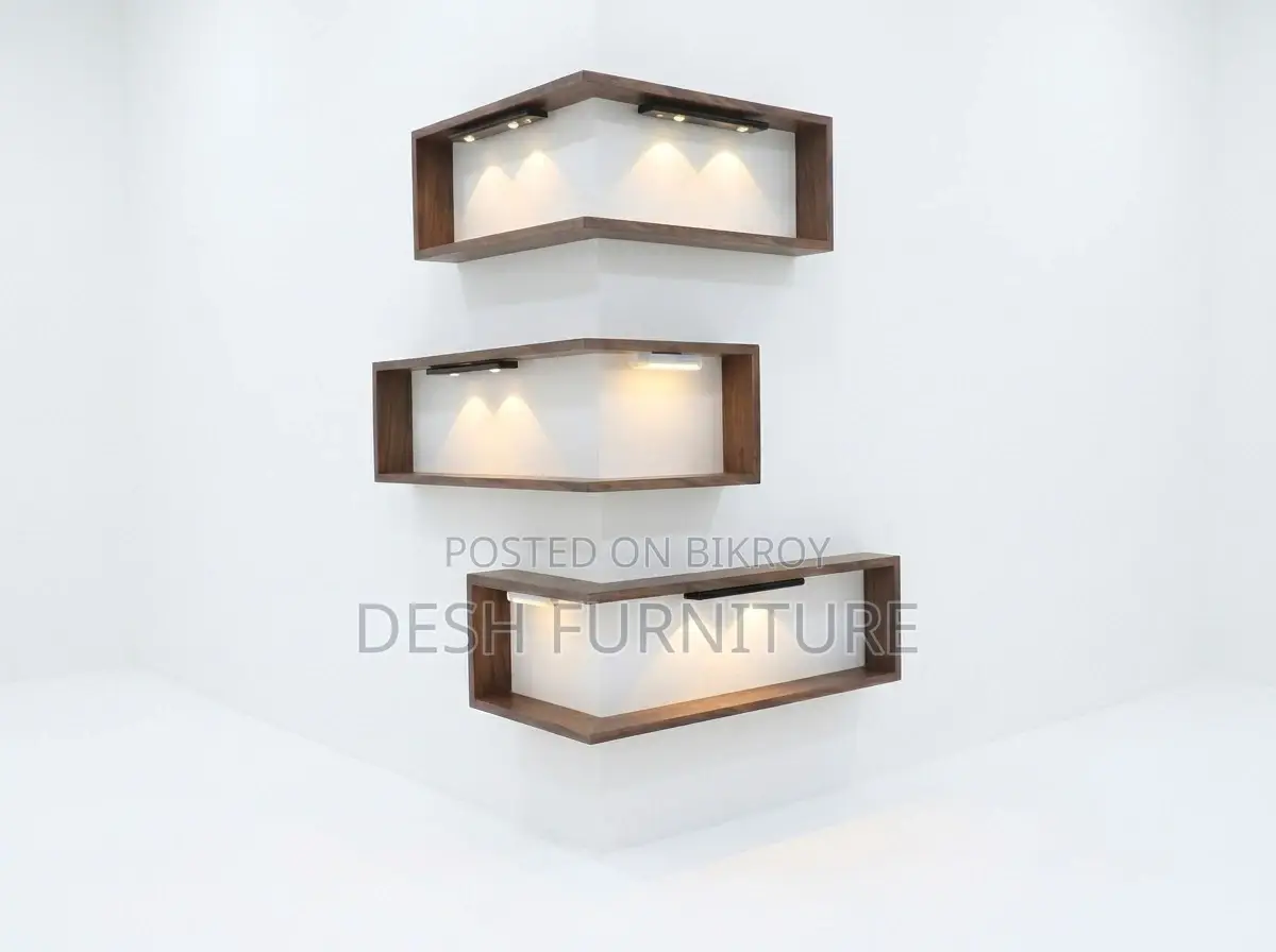Modern Wooden Corner Floating Shelf With Warm LED Lights (32 Inch)