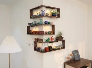 Modern Wooden Corner Floating Shelf With Warm LED Lights (32 Inch)