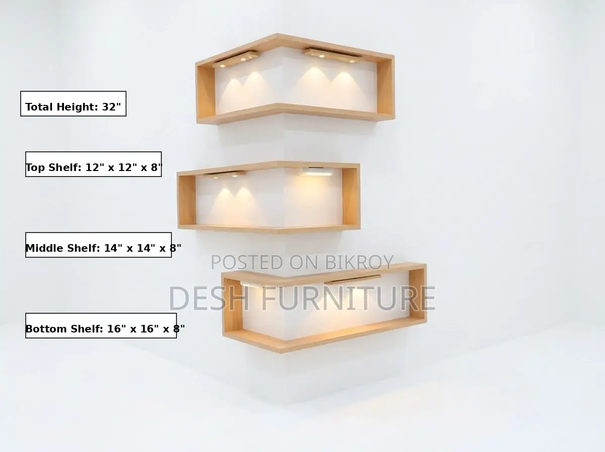 Modern Wooden Corner Floating Shelf With Warm LED Lights (32 Inch)