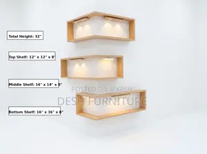 Modern Wooden Corner Floating Shelf With Warm LED Lights (32 Inch)