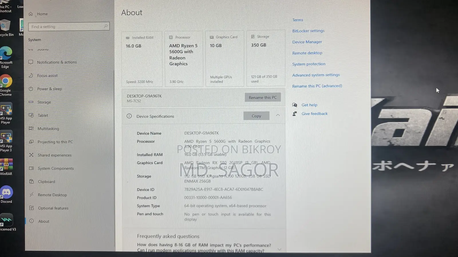Desktop Computer 16GB AMD Ryzen 5 SSD 256GB