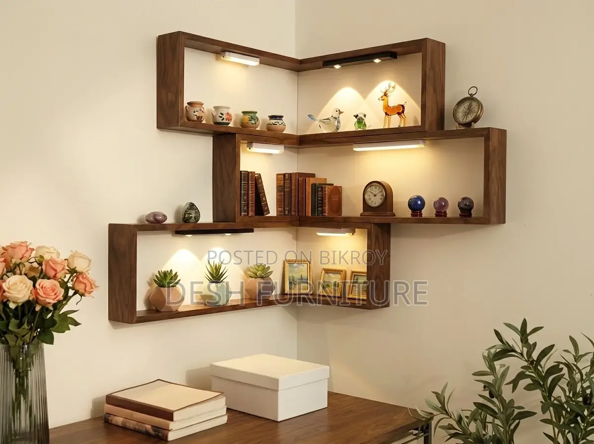 Modern Wooden Corner Floating Shelf With Warm LED Lights (32 Inch)