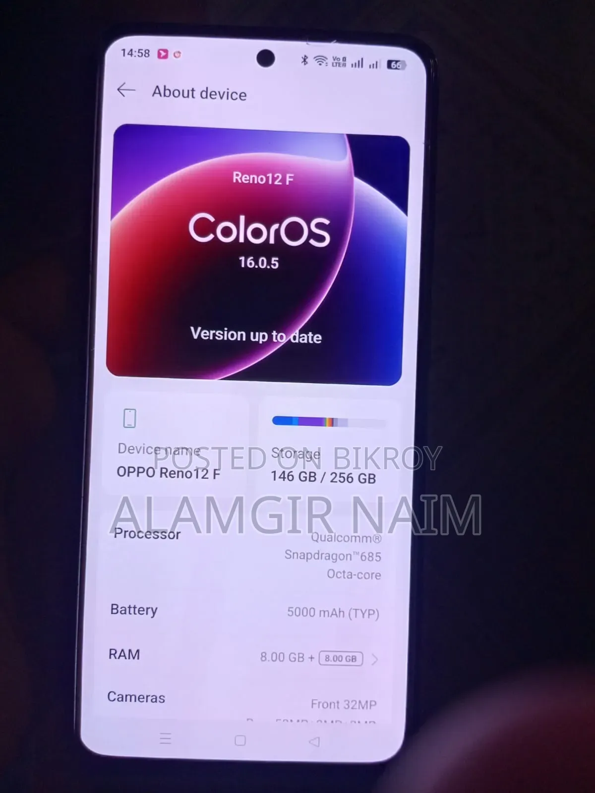 ওপ্পো রেনো১২ এফ ২৫৬ জিবি ব্ল্যাক