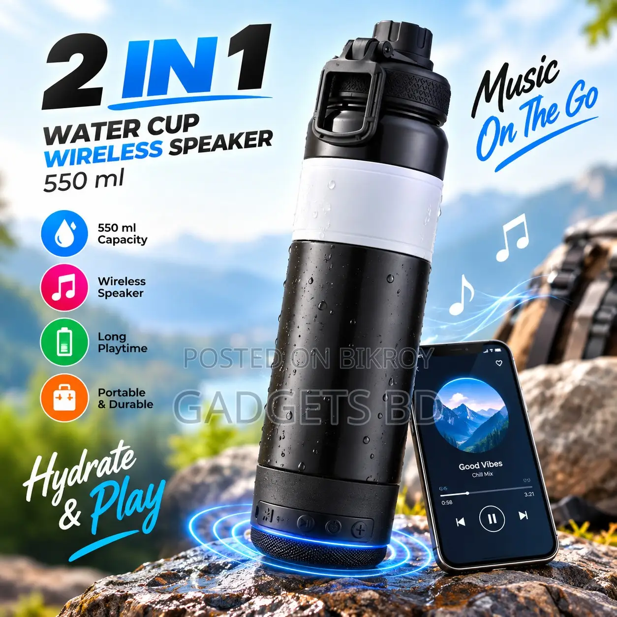 2-in-1 Water Bottle With Wireless Bluetooth Speaker (550 Ml)