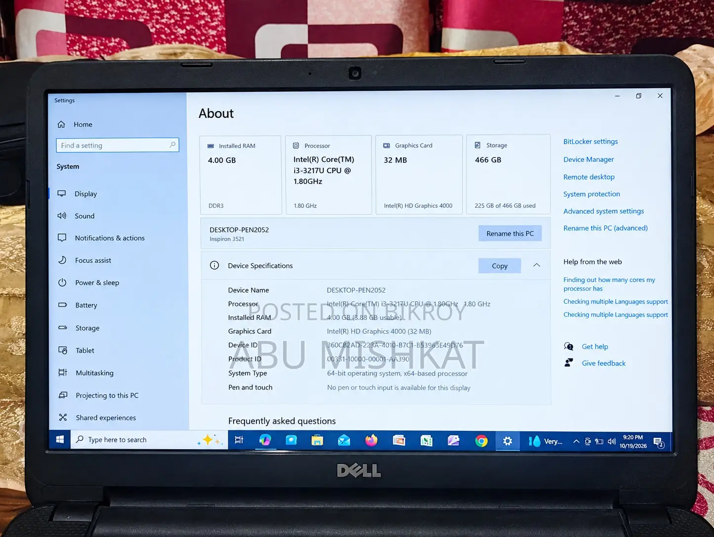 Laptop Dell Inspiron 15 3521 4GB Intel Core i3 HDD 500GB