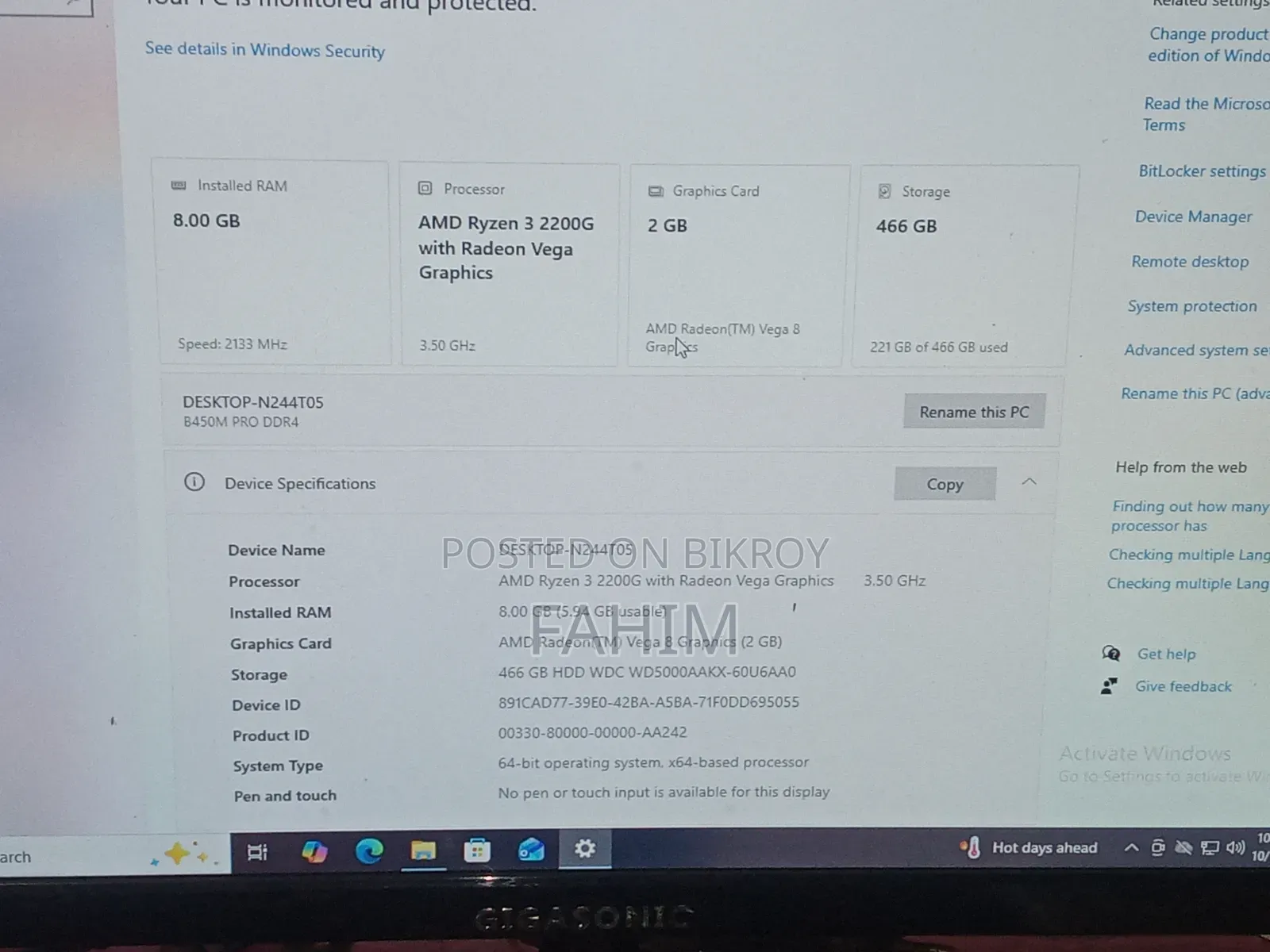 Desktop Computer Gigabyte 8GB AMD Ryzen HDD 500GB