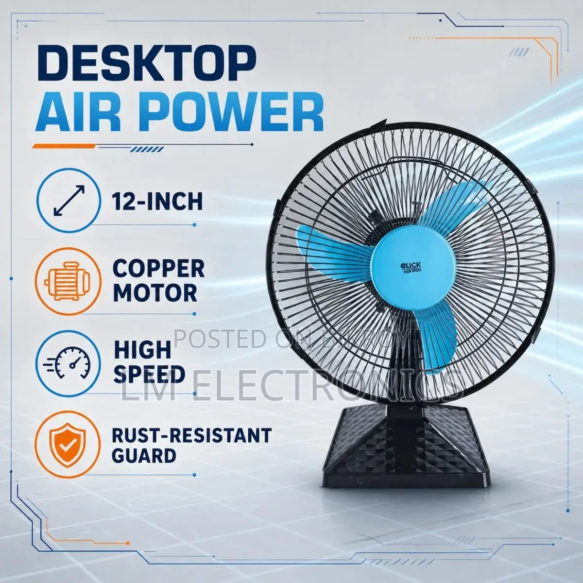 Click High Speed Table Fan-12″ Copper Motor (Moving)