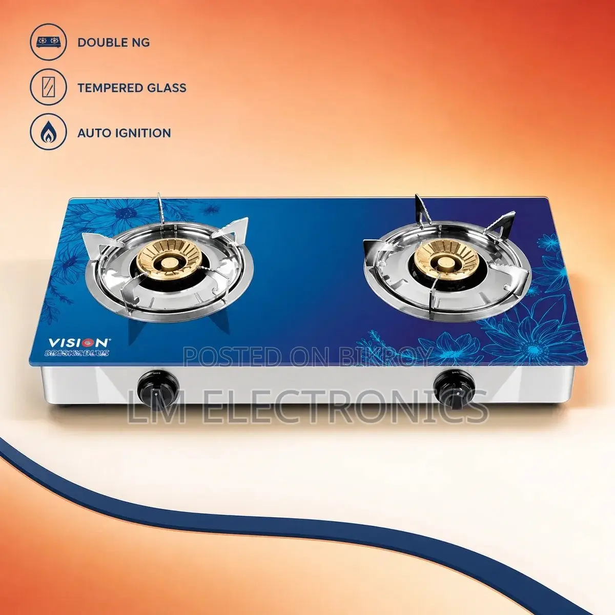 Vision 3D-Sky Tempered Glass Double NG Gas Stove – Blue