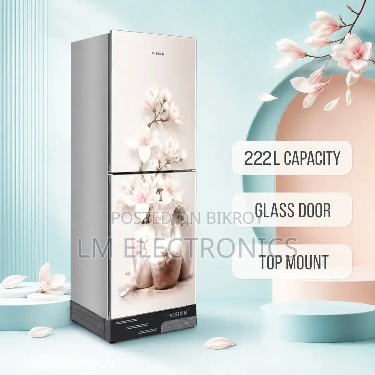 Vision Glass Door Refrigerator RE-222 Liter Vase W Magnolia Flower Top