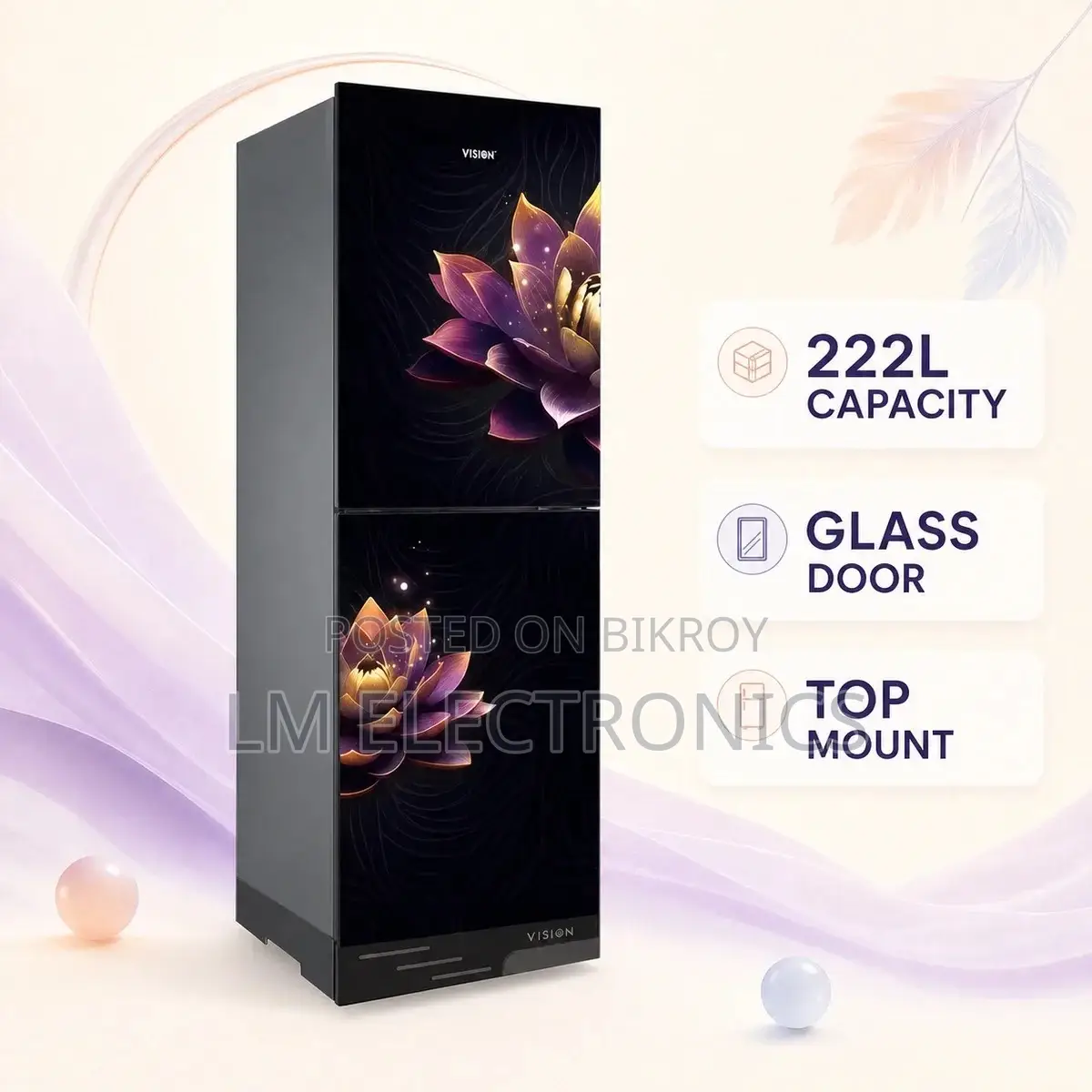 Vision Glass Door Refrigerator RE-222 Liter Purple Digital Lotus Top M