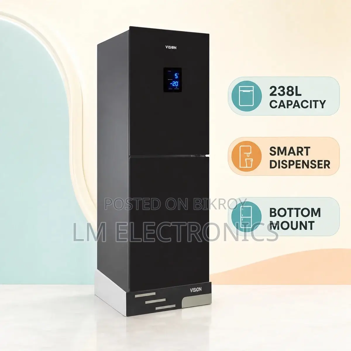Vision Glass Door Smart Dispenser Refrigerator RE-238 Liter Black Bott