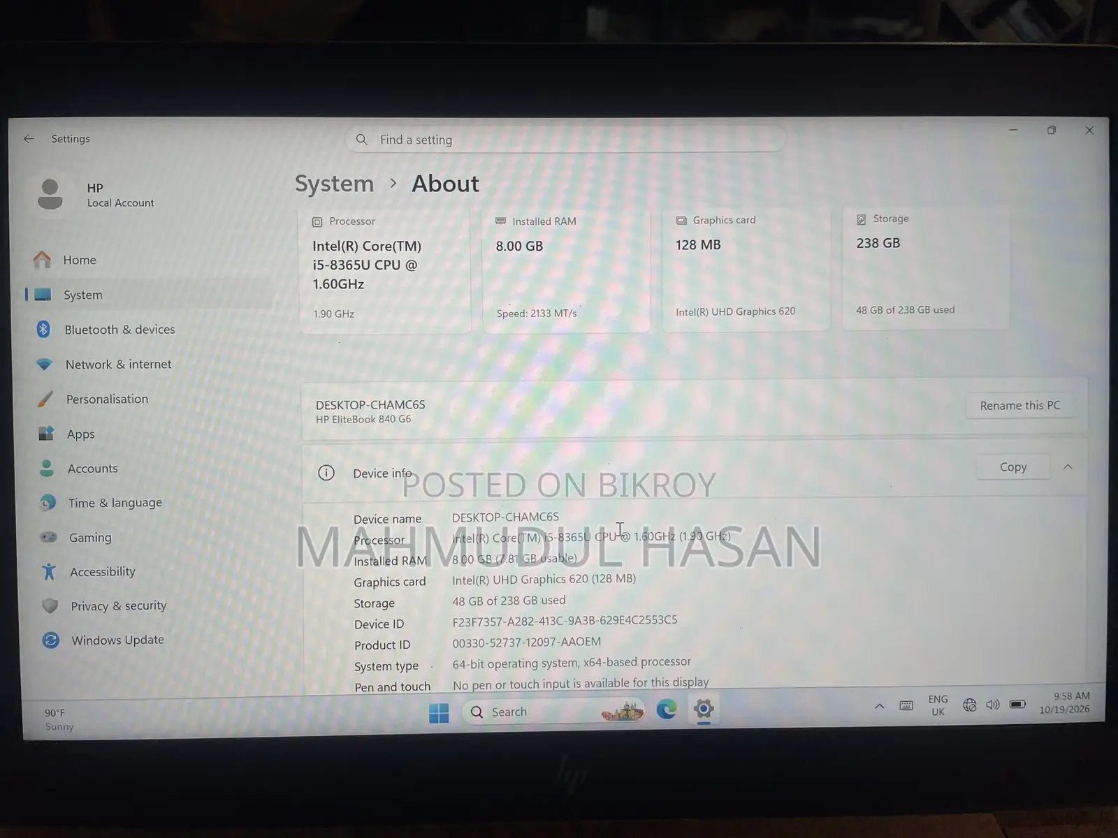 Laptop HP EliteBook 840 G6 8GB Intel Core i5 SSD 256GB