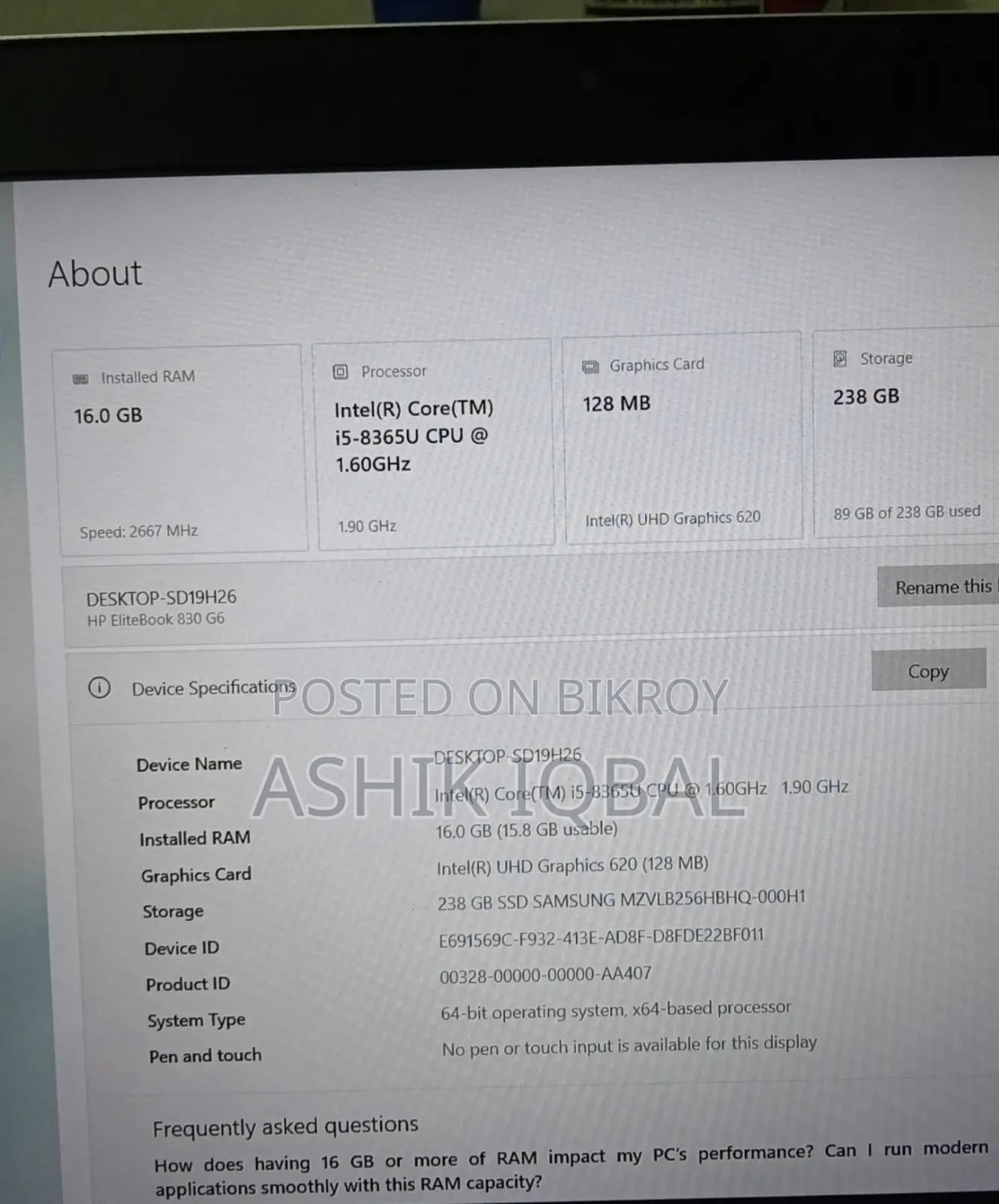Laptop HP EliteBook 840 G6 16GB Intel Core i5 SSD 256GB
