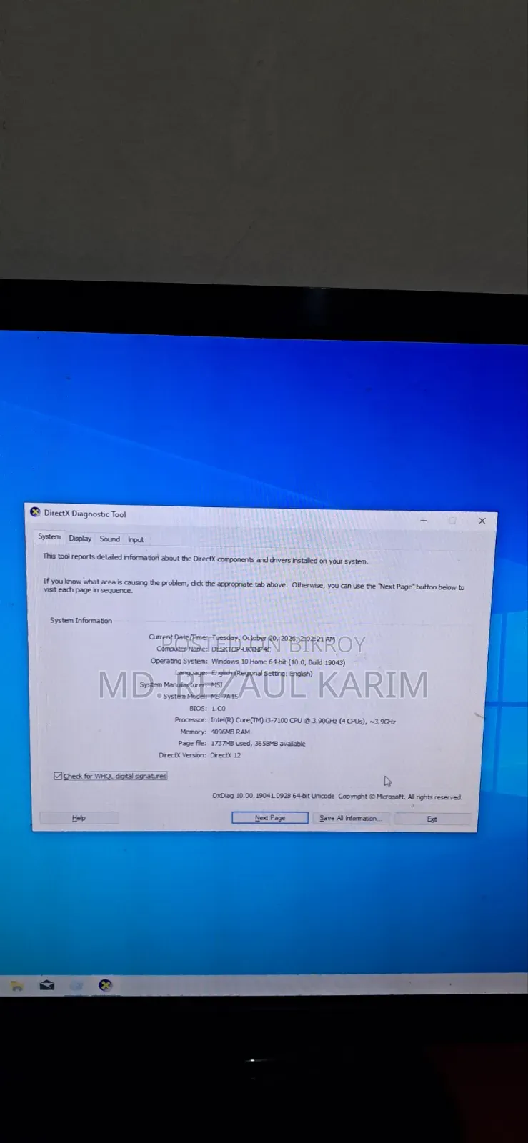 Desktop Computer MSI model 4GB Intel Core i7 SSD 128GB