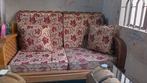 Wooden 5-Seater Sofa Set and Glass Top Tea Table for Sale