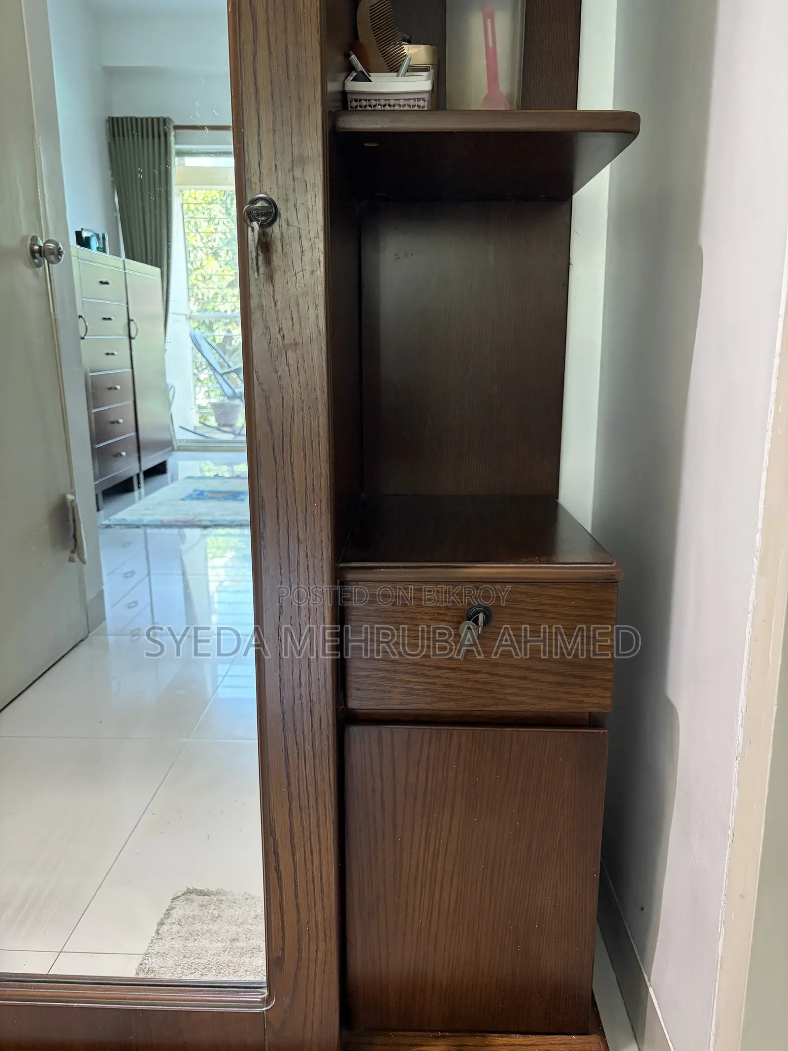 Hatil Wooden Wardrobe With Full Length Mirror & Storage Shelves