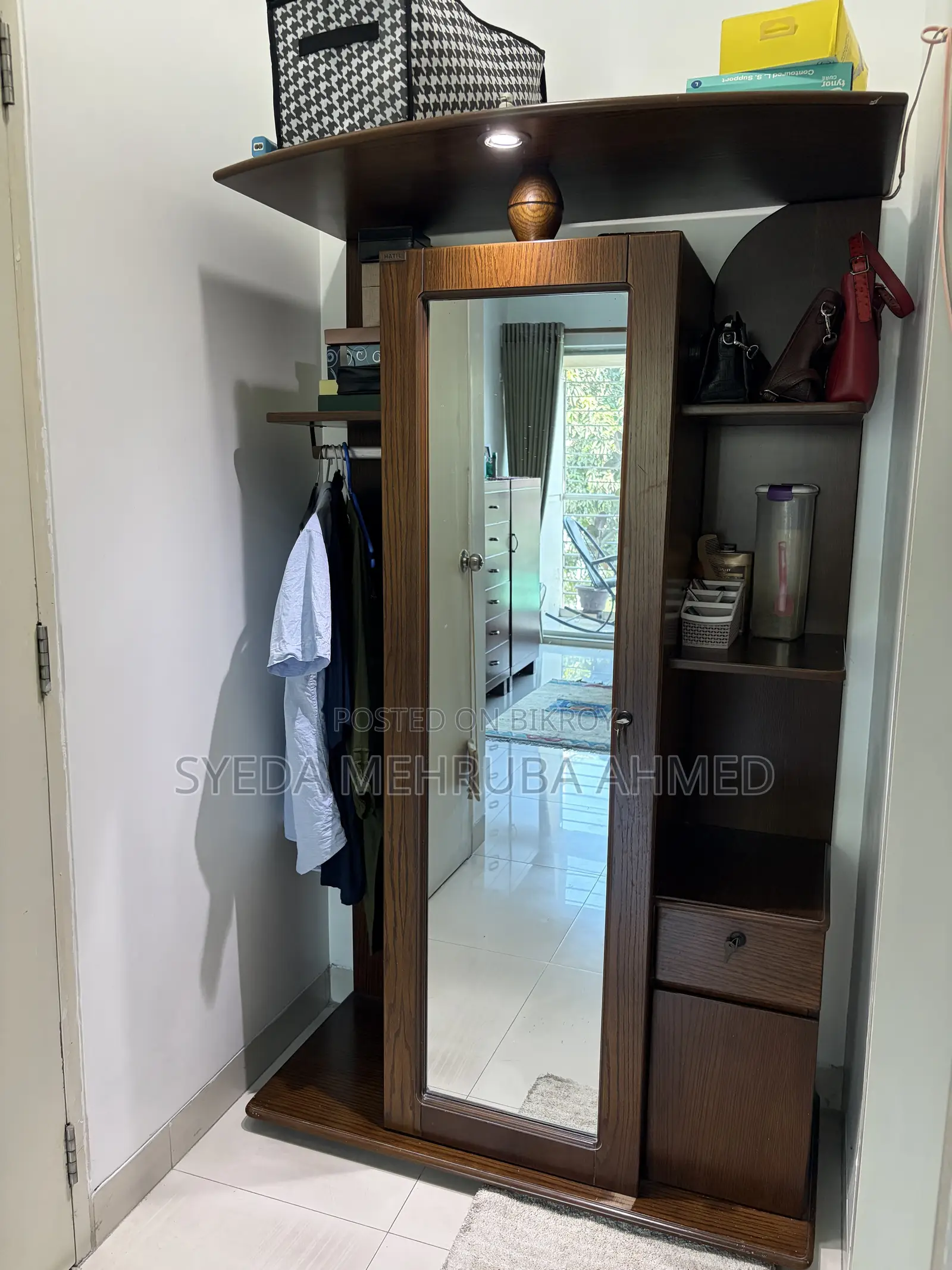 Hatil Wooden Wardrobe With Full Length Mirror & Storage Shelves