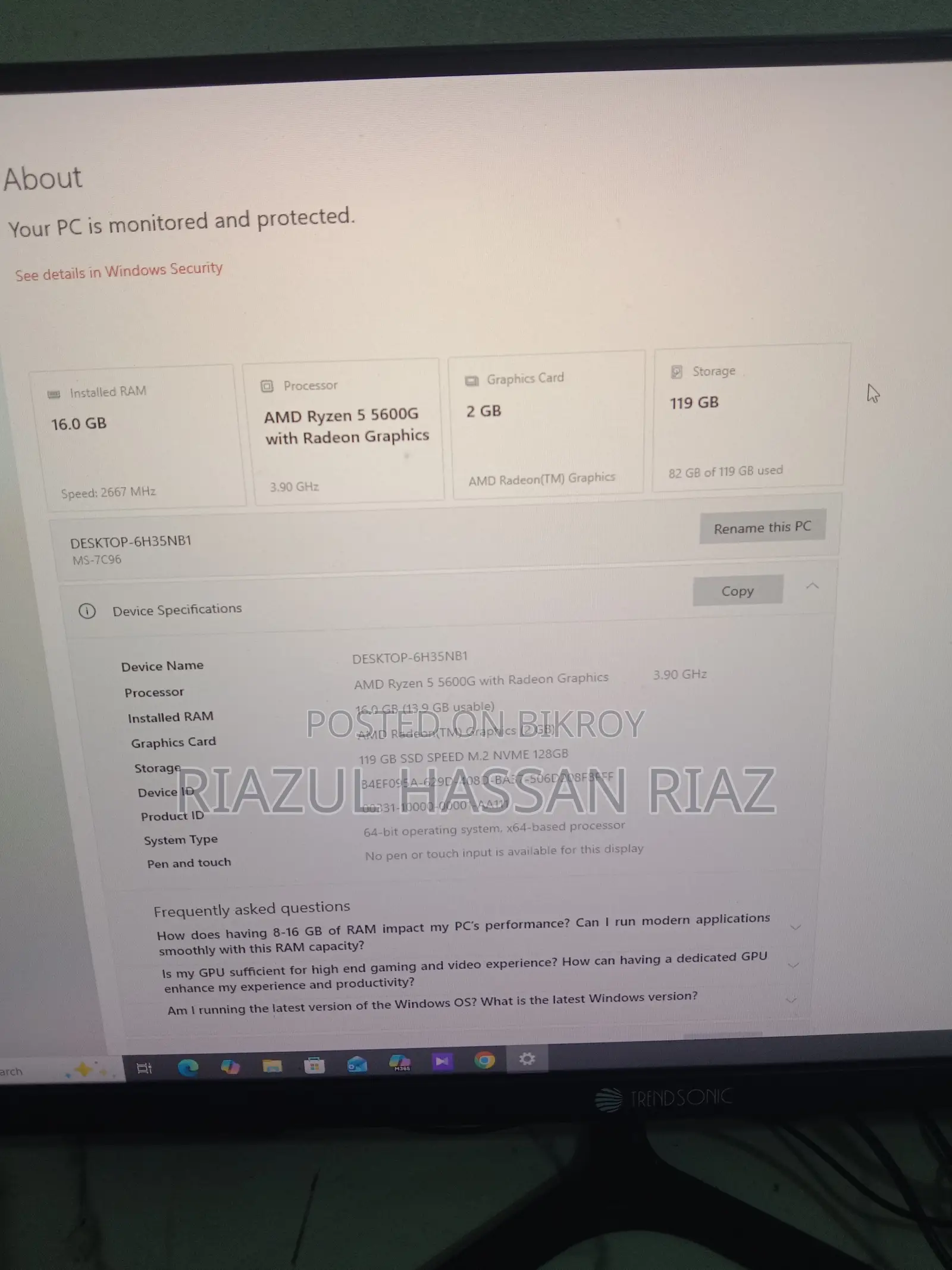 Desktop Computer MSI 16GB AMD Ryzen 5 SSD 128GB