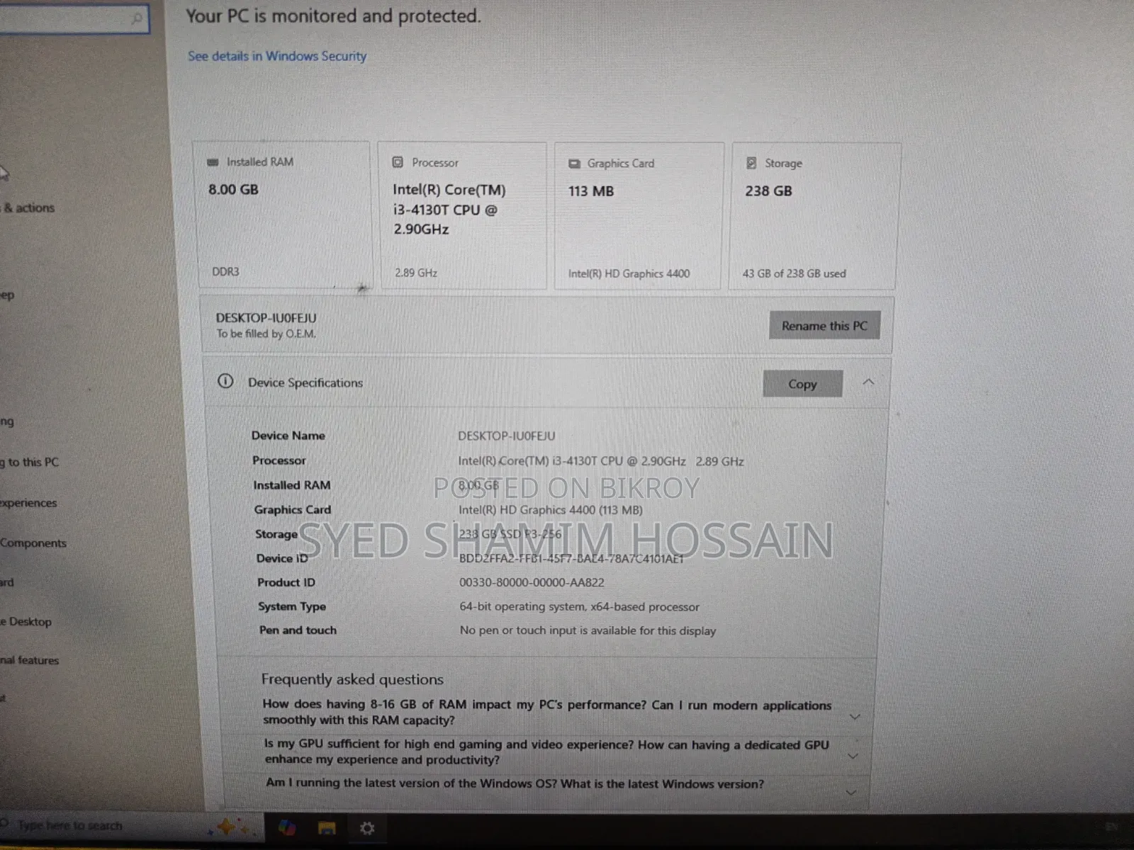 Desktop Computer 8GB Intel Core i3 SSD 256GB