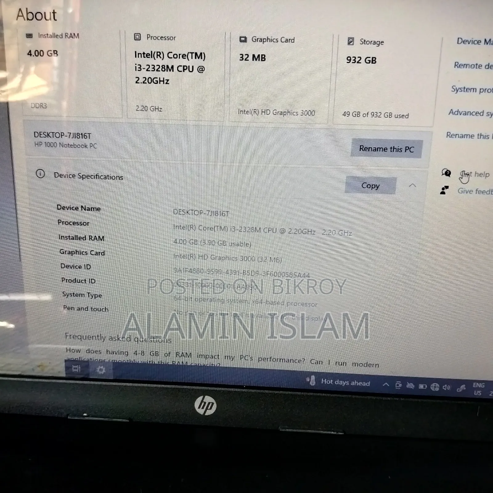 Laptop HP ProBook 4540S 4GB RAM Intel Core i3 Processor 1TB Hard Disk