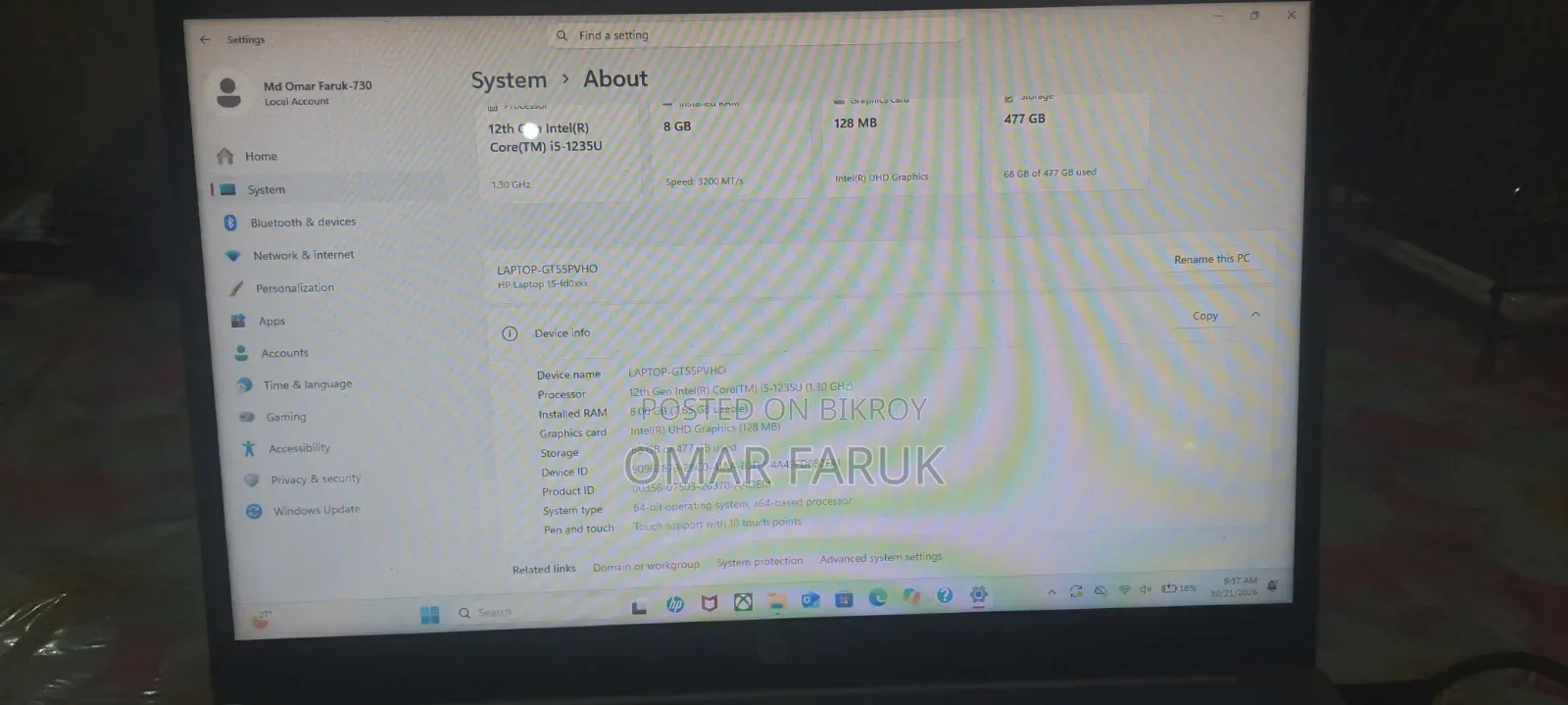 নতুন ল্যাপটপ HP 15-fd0290ns 8GB ইন্টেল কোর i5 HDD+SSD 500GB